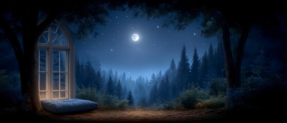 Naklejka premium View from a window seat nestled beside a tree overlooking a misty forest under a bright full moon