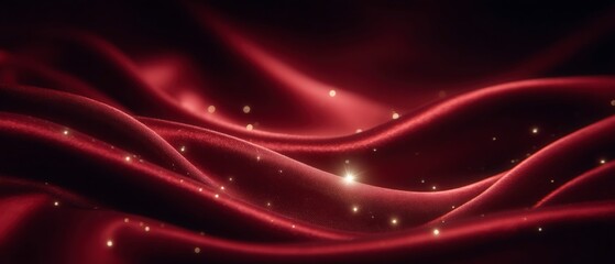 Obraz premium Deep crimson satin fabric waves with sparkling golden glitter dots on a dark background