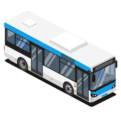 Isometric view of a modern city bus with blue and white color scheme. © Deni