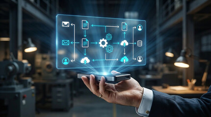 Hand holding smartphone with digital workflow diagram projection.