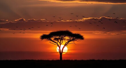 Fototapeta premium A majestic acacia tree silhouetted against a vibrant sunset sky with a flock of birds flying overhead.