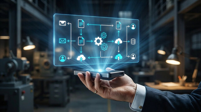 Hand holding smartphone with digital workflow diagram projection.