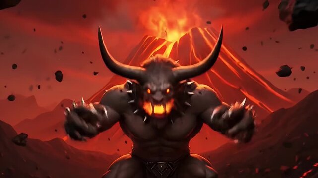 Epic horned demon warrior with glowing eyes stands before an erupting volcano in a hellscape