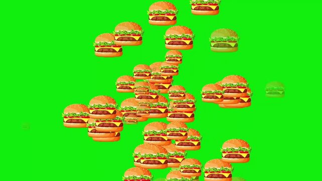 Rain of Juicy Burgers on Green Screen: Seamless Chroma Key Animation for Food Ads