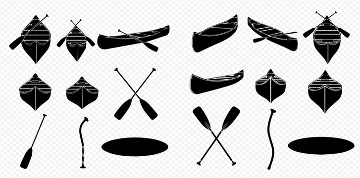 Collection of black canoe and paddle silhouettes in various views and arrangements.