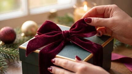 Woman hands adjusting red velvet ribbon on green gift box near window. Cozy festive scene with candle and fir branches. Ideal for holiday shopping ads and Christmas greeting cards.