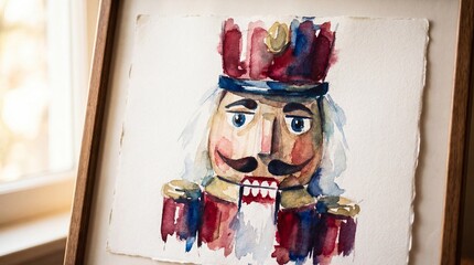 Framed watercolor illustration of a traditional Nutcracker soldier. A festive holiday art piece with vibrant colors. Ideal for Christmas greeting cards and seasonal decoration concepts.