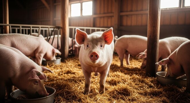 Curious young piglet standing in a sunlit barn environment, looking directly at the camera.