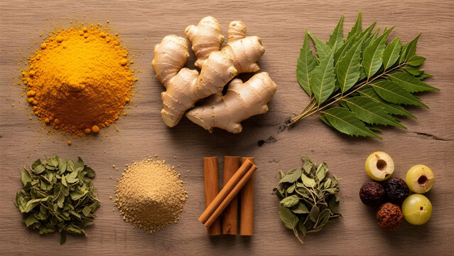 A rustic wooden surface holds an assortment of natural Ayurvedic ingredients, including ginger, turmeric powder, cinnamon sticks, neem leaves, and Amala fruit.