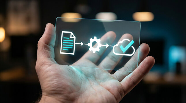 Hand holding a transparent screen showing a data processing diagram.