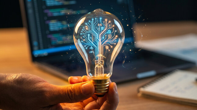 Hand holding light bulb with digital tree inside, laptop in background. - Powered by Adobe