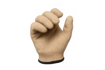 Beige knitted work glove hand showing pinching or holding gesture, offering protection and safety on transparent background