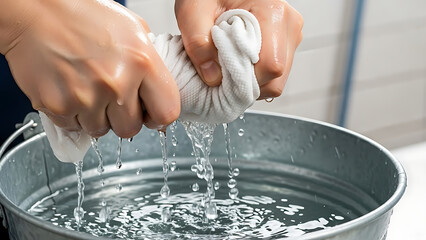 Hands wringing out a white cloth over a metal bucket filled with water creating a splash effect