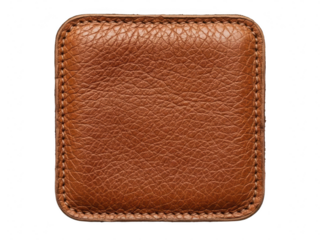 Closeup of a square piece of rich brown leather with visible grain texture and detailed stitching, isolated on transparent background