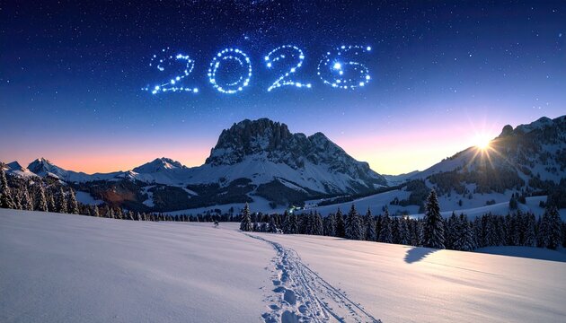 New year 2025 over winter landscape at dawn - Powered by Adobe