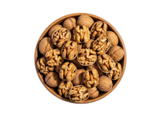 Top view of a wooden bowl filled with whole and shelled walnuts, isolated on transparent background