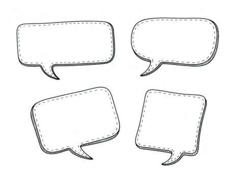 Set of four hand drawn speech bubble shapes in black outline, perfect for comic book dialogue, isolated on transparent background