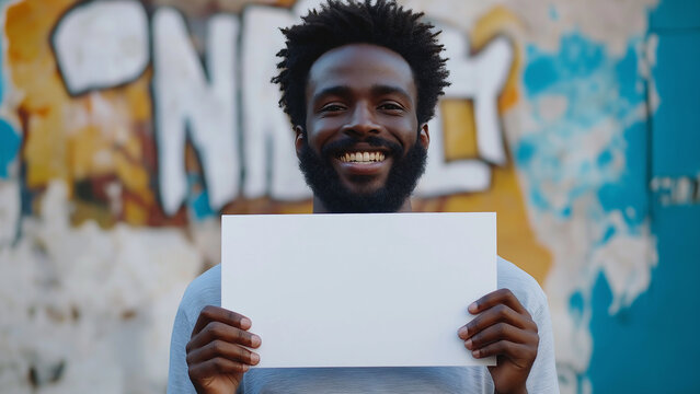 A smiling Black man holding a white piece of paper