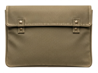 A vintage military style messenger bag or laptop sleeve in a muted olive green color, isolated on transparent background