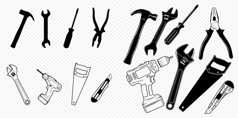 A collection of various hand tools and power tools in both outline and solid black silhouette styles, perfect for construction and DIY projects.