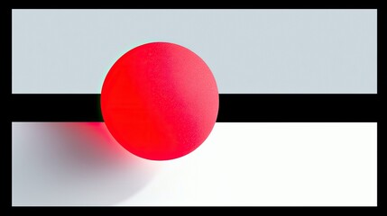 A vibrant red sphere hovers above a stark geometric composition of white, gray, and black. The composition is lit with dramatic lighting, creating shadows.