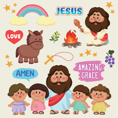 Hand-drawn cute cartoon Christian clipart set. Cartoon Jesus Brown Skin Version for Sunday school, teaching, or children's church media