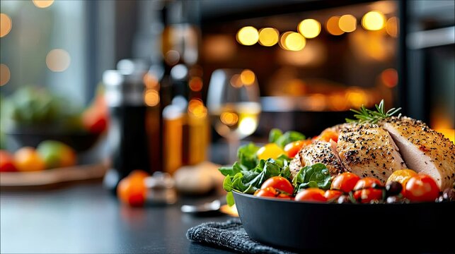 Close-up shot of a roasted chicken dish with fresh salad and vegetables on a table in a kitchen setting. Bokeh lights create a warm and inviting atmosphere. - Powered by Adobe