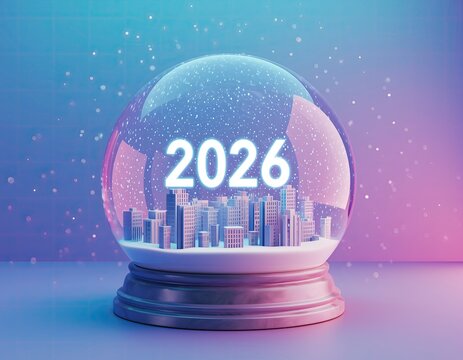 Crystal ball with year 2026 glowing over cityscape