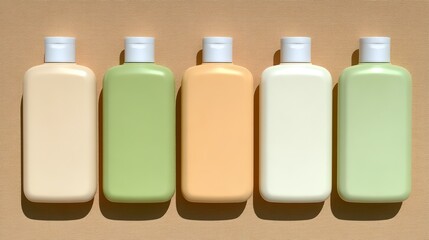 Five pastel colored cosmetic bottles with white flip caps arranged in a row on a textured tan background