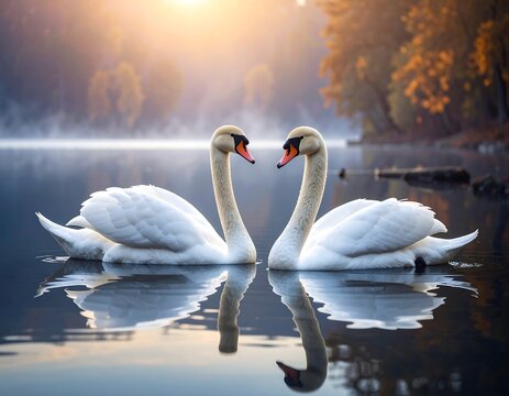 Two majestic swans on a serene lake, necks forming a heart shape, reflecting in calm water during a misty dawn - Powered by Adobe
