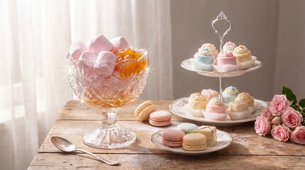Crystal bowl with marshmallows, macarons and cakes on wooden table. Soft lighting creates romantic vintage mood. Perfect for tea party, holiday or celebration concepts.