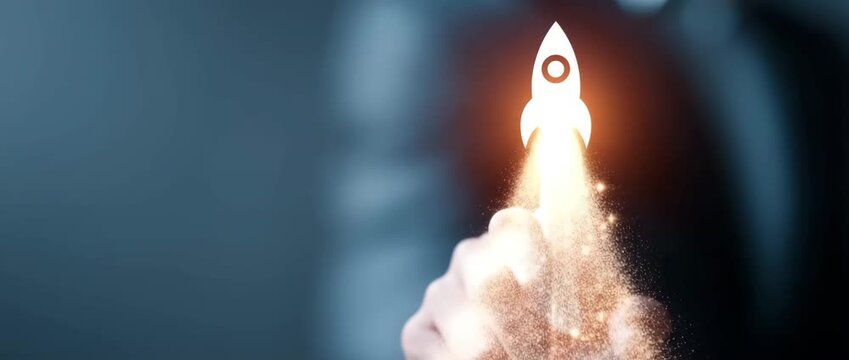 Fingertip Ignites Digital Rocket Launch With Fiery Particles Against Dark Blurred Background
