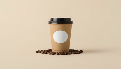 A takeaway paper cup with a black lid and a blank white circle label is presented surrounded by roasted coffee beans on a light background creating a clean and simplistic image of cafe culture.