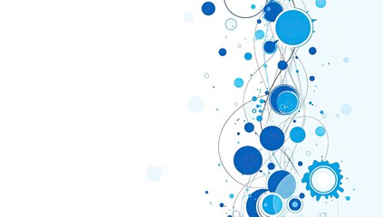 Abstract design showcases a vertical arrangement of diverse blue circular shapes, splashes, and lines, presented against a clean white backdrop, fostering a modern and graphical composition with an...