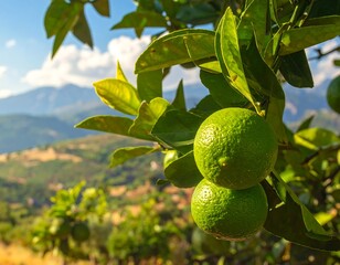 Close-up of green fruit hanging from a vibrant tree branch with lush green leaves. Mountains appear in the background under a blue sky