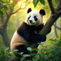 Fototapeta premium Giant panda bear climbing a tree in a lush green forest