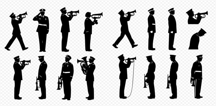 Silhouettes of military band members playing brass instruments and marching in various poses.
