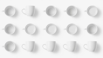 Fifteen white ceramic mugs are arranged in a grid formation against a simple, bright white background, offering diverse perspectives including top-down and side views that showcase the clean design...