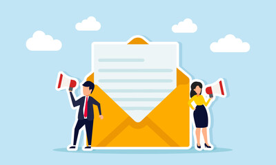 Businessman and businesswoman standing near an envelope of documents promoting with a megaphone illustration of marketing information broadcast via email