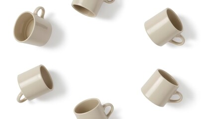 Several beige-colored mugs arranged in a semi-circular pattern with their handles facing different directions against a bright white backdrop, capturing a top-down perspective for an engaging, 