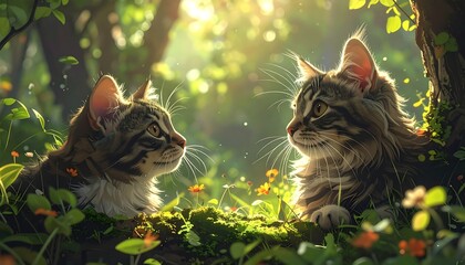 Two fluffy, striped felines gaze at each other amid vibrant, sun-dappled foliage in a serene forest scene