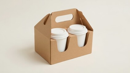 Two white paper cups with lids sit securely within a brown cardboard carrier, the presentation arranged against a plain, neutral background; this setup evokes a feeling of simplicity and practicality.