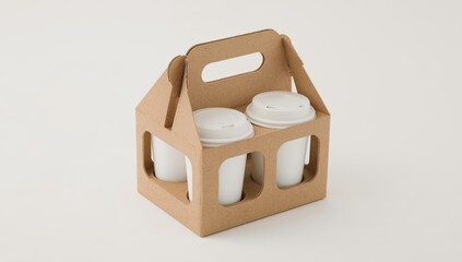 A cardboard coffee cup carrier, holding four white takeaway cups with lids, is set against a plain, neutral background.
