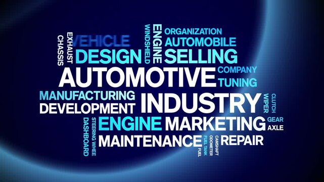 Automotive industry animated word cloud-text design animation tag kinetic typography seamless loop.