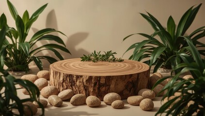 A serene wooden podium is framed by lush green plants and smooth stones, creating an inviting setting for product displays with natural light and a minimalist aesthetic that evokes a sense of calm...