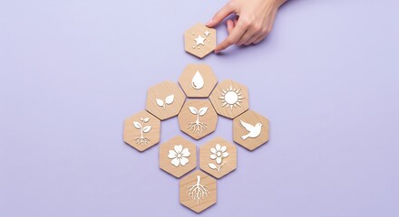 Hand placing a wooden hexagon icon representing nature and ecology onto a structure of similar icons symbolizing environmental protection and biodiversity