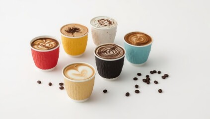Coffee beverages, each with unique latte art, are displayed in a white setting with colorful insulated paper cups.
