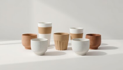 Various ceramic cups and mugs of different sizes, shapes, and colors are arranged on a bright, white surface, showcasing a minimalist aesthetic with subtle shadows and clean lines, offering a serene..