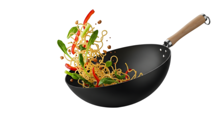 Stir fried noodles with vegetables flying from a wok isolated on transparent background