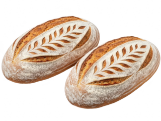 Two artisan sourdough bread loaves with beautiful wheat ear scoring, isolated on transparent background